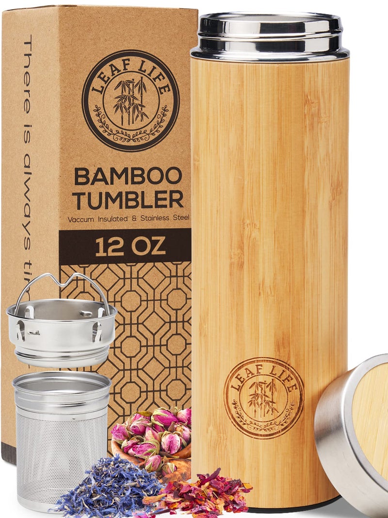 LeafLife Premium Bamboo Thermos with Tea Infuser for Loose Tea 12oz - Tea Gift Set - Insulated Water Bottle/Iced Coffee Tumbler - Unique Gifts for Women  Gifts For Women Who Have Everything  Mothers Day Gifts - Image 1